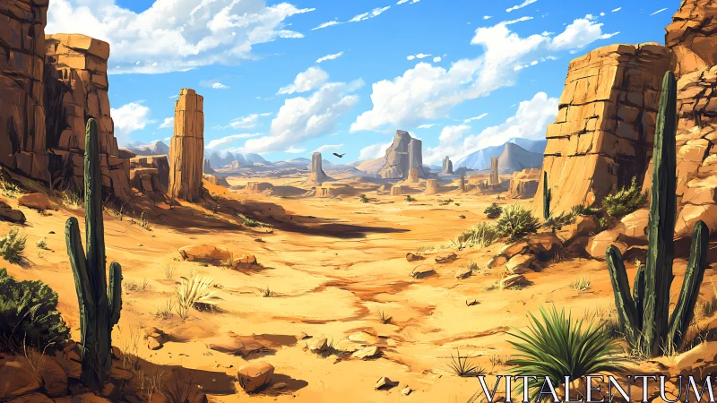 Desert canyon landscape shows rocky cliffs and cacti