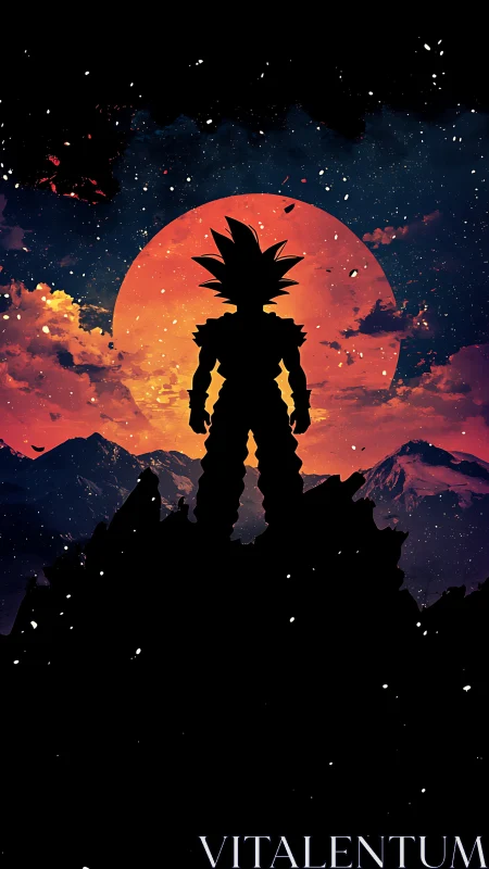 Stargazing warrior silhouette under a blazing cosmic sunset.