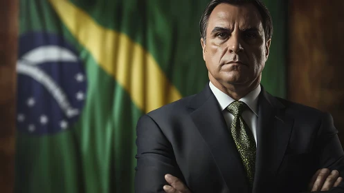 Confident leader standing before a bold Brazilian flag backdrop.