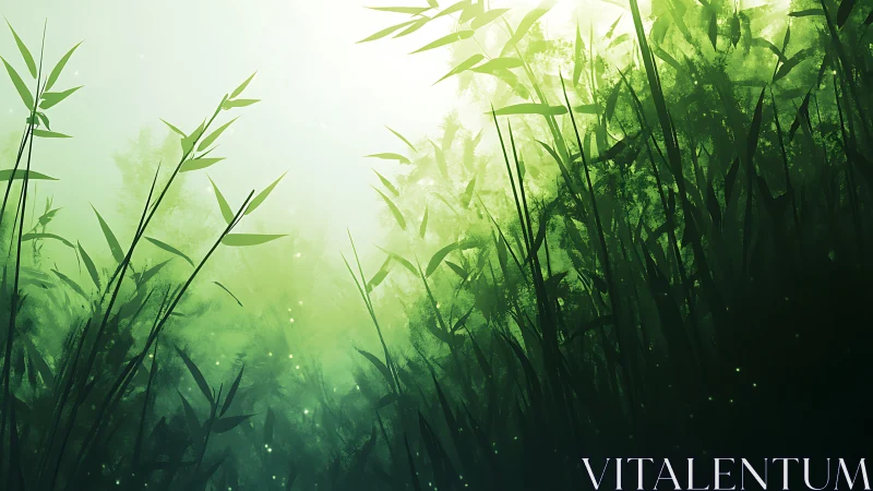 Sunlit bamboo grove glows with tranquil emerald mist