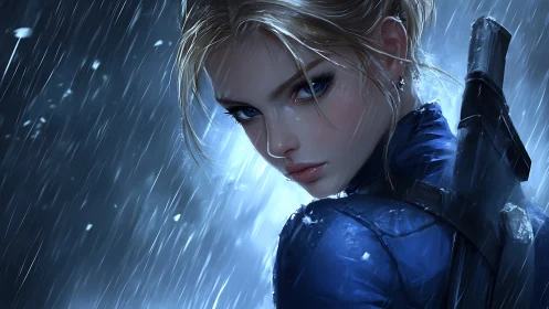 Steely-eyed rain-soaked agent locks on target in neon gloom