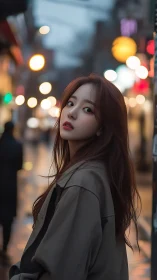 Portrait of woman in dusk city street with bokeh lights.
