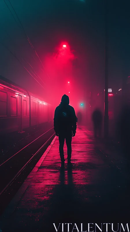 Silhouetted figure on misty platform with red train lights.