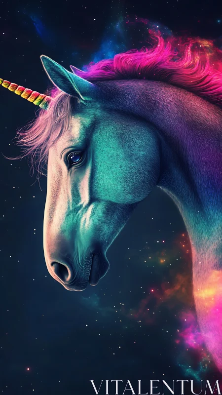 Neon-lit unicorn portrait rendered in cosmic digital luminosity