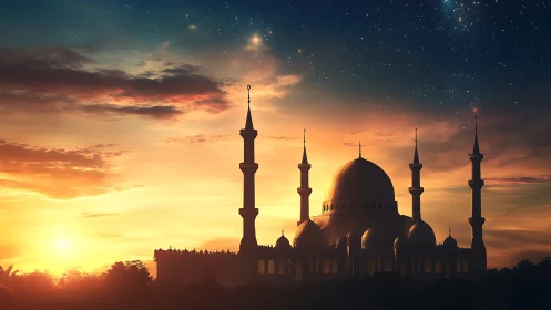 Silhouette of grand mosque under vivid sunset sky.
