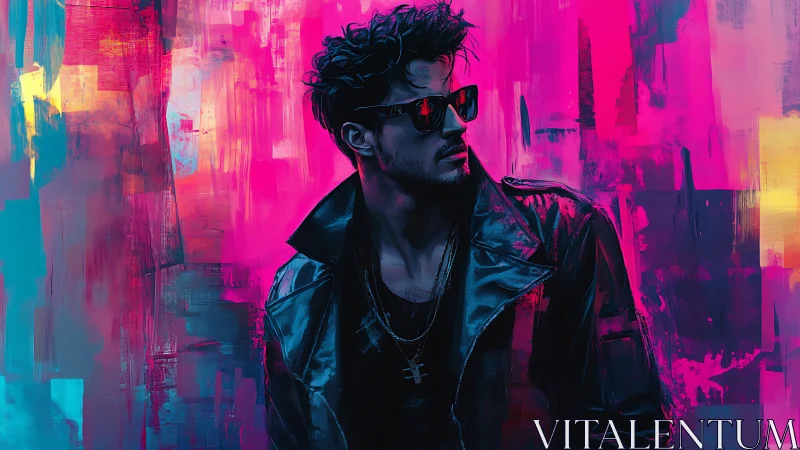 Neon backlit figure in leather jacket against saturated abstract field