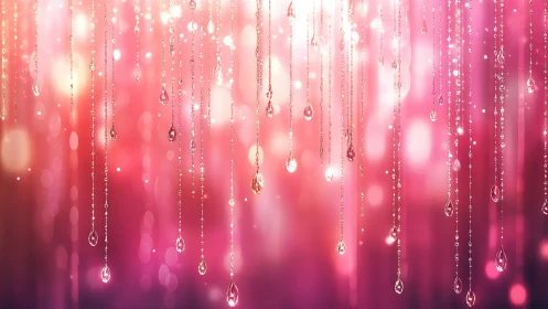 Hanging crystal droplets against soft pink bokeh field.