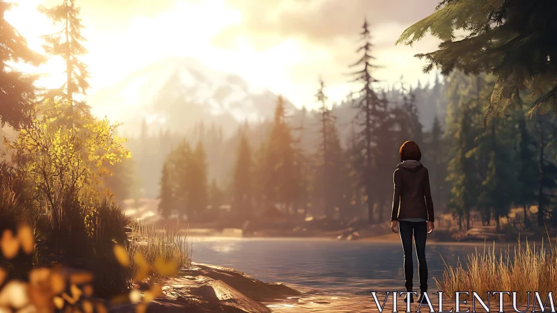 Teen figure stands at forest lake under bright mountain sunset