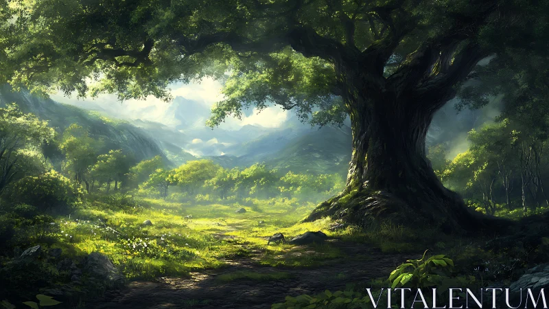 Ancient Tree in Mountainous Forest Valley.