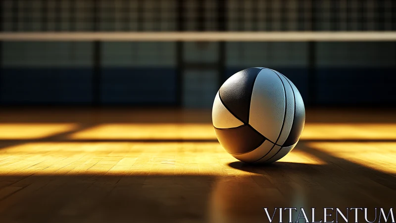 Basketball resting on sunlit indoor court floor surface.