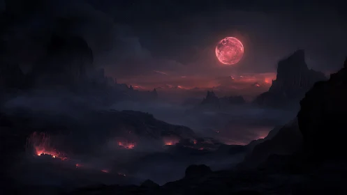 Crimson moon glows over a misty volcanic wasteland