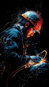 Industrial welder framed by electric sparks in darkness.
