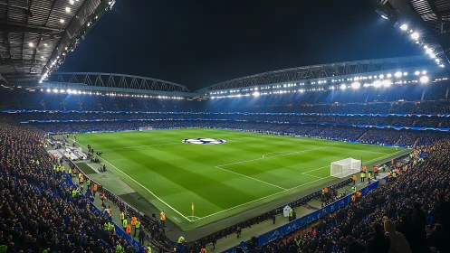Packed football stadium under floodlights before big match.