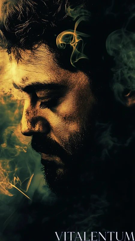 Side-lit male profile dissolves into abstract smoke textures