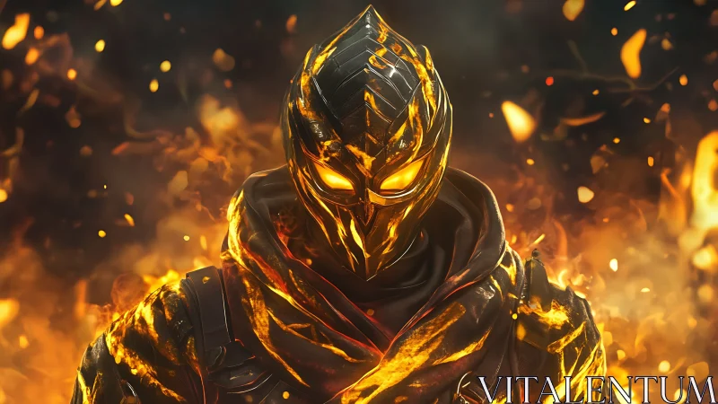 Molten armored warrior stands engulfed in swirling firestorm