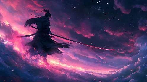Sky-slasher samurai strides through cosmic stormfire clouds.
