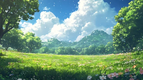 Sunlit meadow daydream beneath drifting summer clouds.