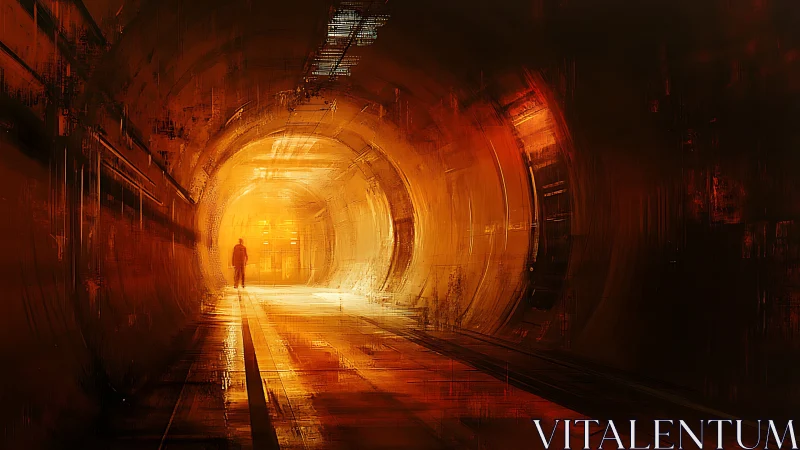 Lone traveler wanders toward warm light in a glowing tunnel