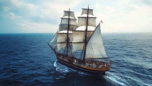 Tall sailing ship crossing open sea under bright sky.