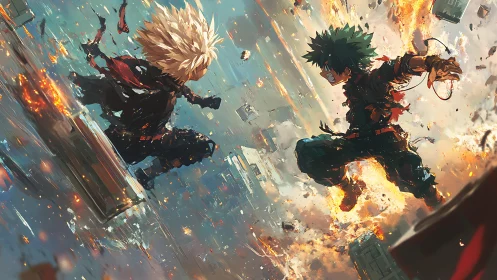 Explosive aerial duel rendered in dynamic anime battle composition