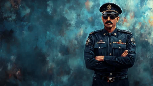 Uniformed police officer against abstract teal background.