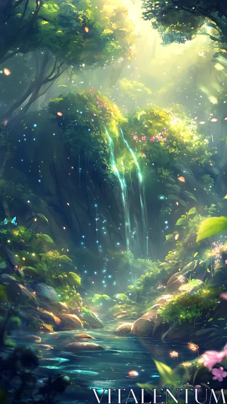 Enchanted forest waterfall over glowing stream at dawn.