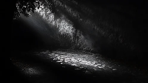 Single beam of light reveals lonely cobblestone path.