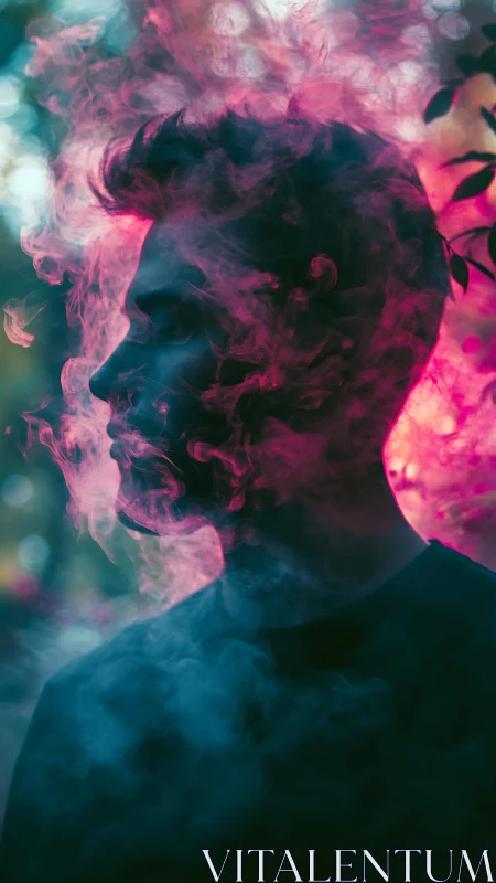 Silhouetted dreamer dissolves into neon plumes of drifting haze.