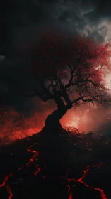 Lone burning tree rises over cracked lava ground at night.