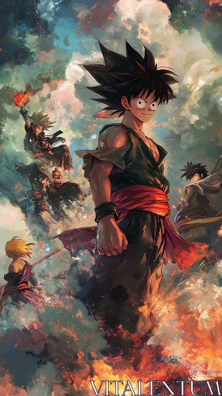 Anime fighters stand amid swirling clouds and fire