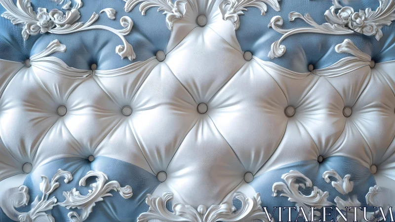 Luxurious Blue and White Tufted Upholstery with Ornate Baroque Accents.