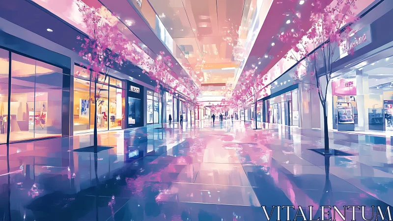 Neon mall corridor glows under mirrored pastel reflections