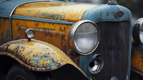 Rusty yellow vintage car front with rain covered details.