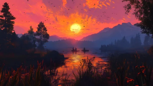 Glowing mountain lake sunset with quiet boats and wild shore.