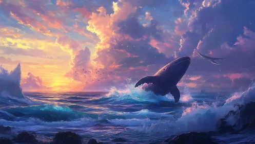 Whale breaches through iridescent sunset storm waves.