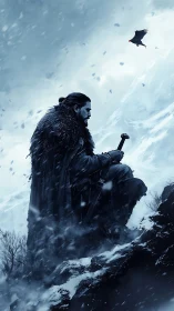 Solitary cloaked warrior kneels in blizzard against icy slope