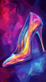 Neon stiletto heel glows in prismatic abstract light field.