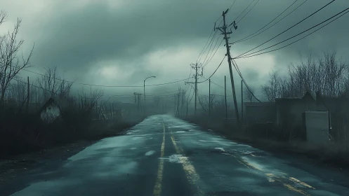 Deserted wet roadway with power lines under dense clouds.