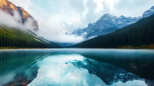 Silent mountain lake reflects misty peaks in soft morning light