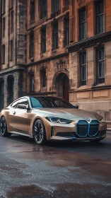 Electric BMW sedan on wet city street before historic facade