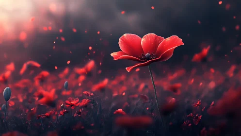 Red Poppies Stand Bold Against Dark Atmospheric Backdrop.