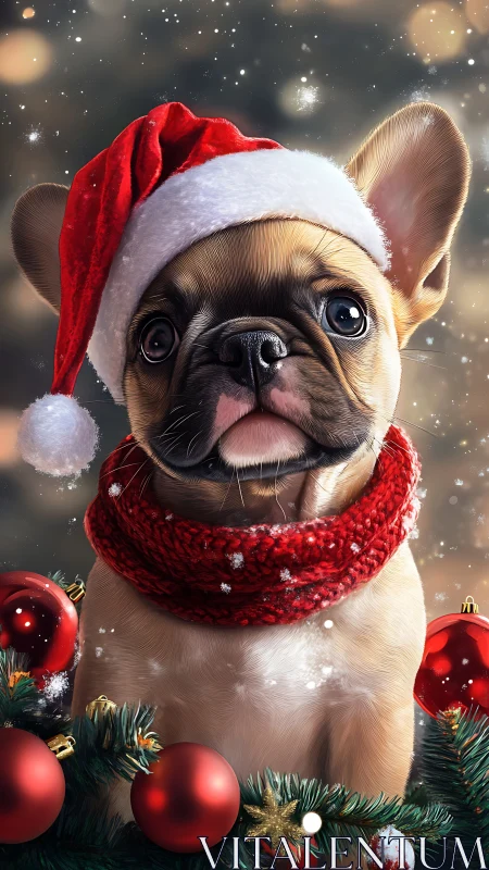 French bulldog wears Santa hat in festive snowfall scene.