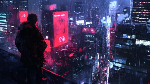 Lone figure surveys neon city skyline in cold midnight rain
