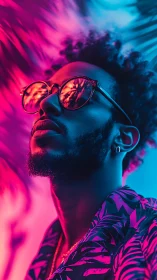 Neon tropical portrait under vivid magenta cyan light.