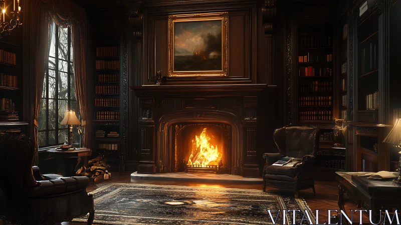 Opulent wood-paneled library interior frames a luminous fireplace