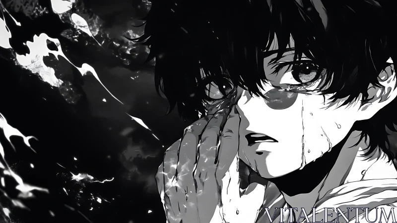 Monochrome anime portrait of wet figure with streaked tears.