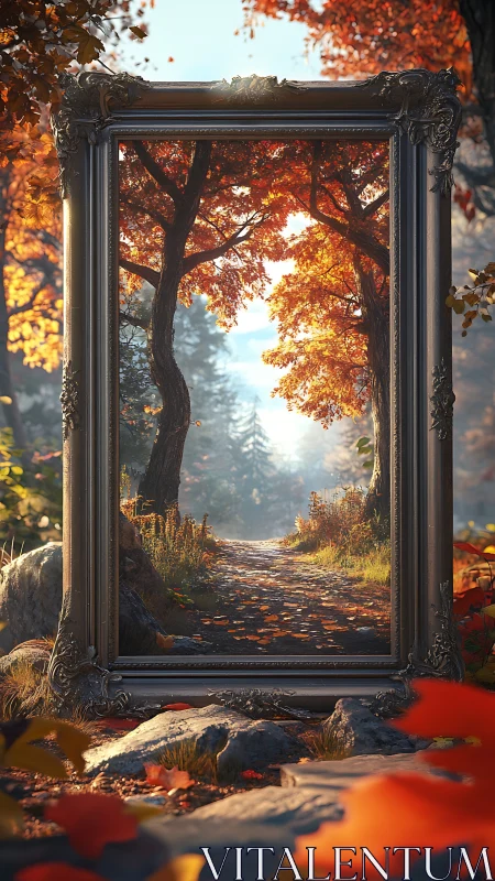 Framed forest pathway aligning with autumn woodland scene.
