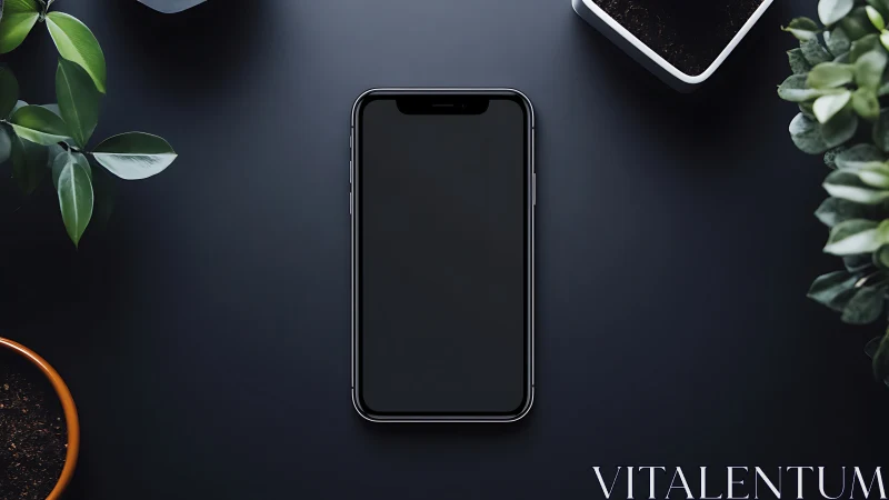 Smartphone centered on dark surface surrounded by potted plants.