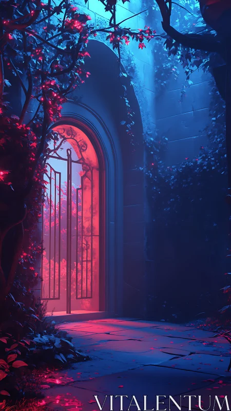 Neo-noir enchanted garden portal in cinematic lighting.