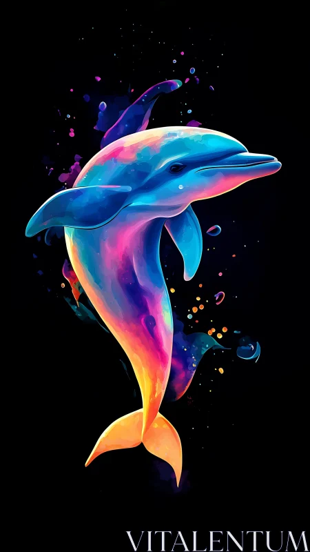Neon dolphin leaping through prismatic cosmic splashes.